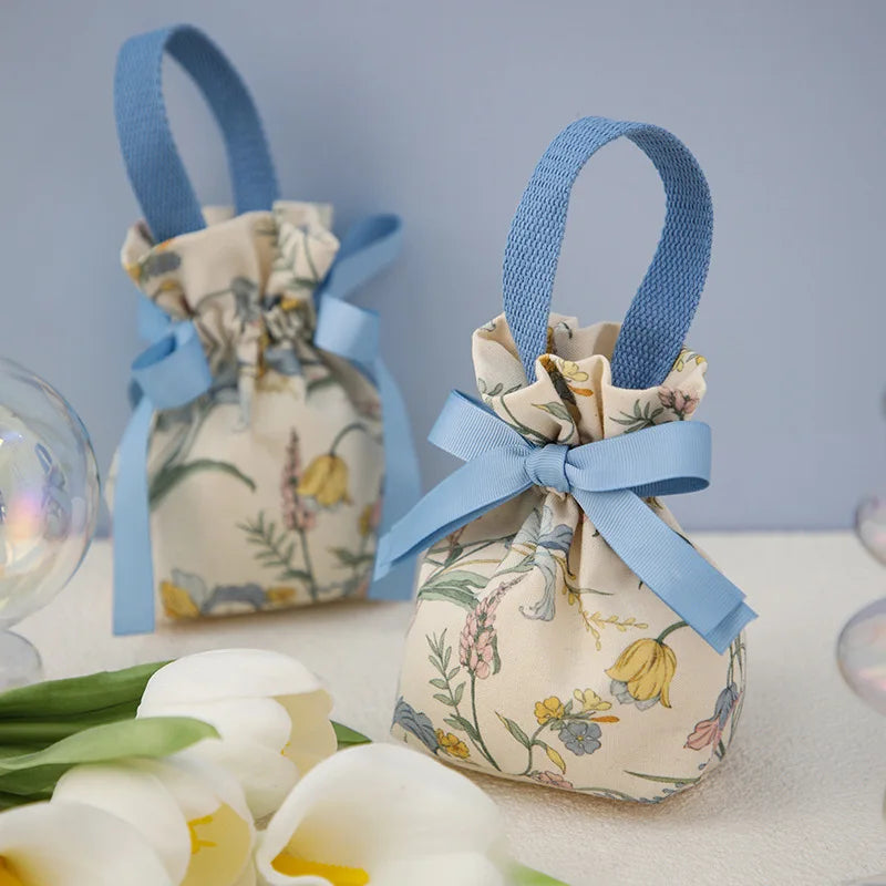 5/10pcs Portable Drawstring Handheld Canvas Candy Bags with Floral Pattern & Ribbon Bow Soft Reusable Wedding Gift Packing Bags