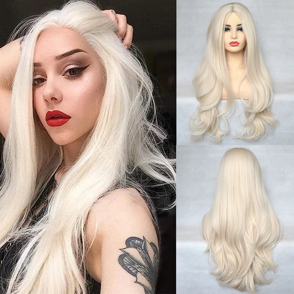 Voguequeen Platinum Blonde Synthetic Natural Wave Lace Front Wig Heat Resistant Fiber Cosplay For Women
