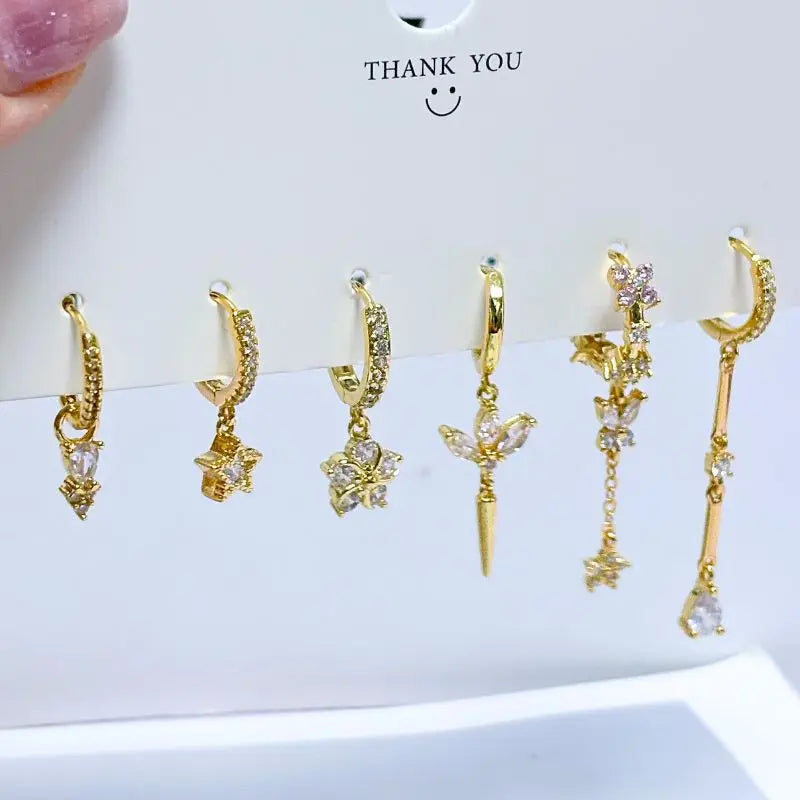 WOMEN 925 Silver Needle Water Drop Geometric Zircon White Zircon Crystal Flowers Pendant Hoop Earrings Fashion Wedding Jewelry