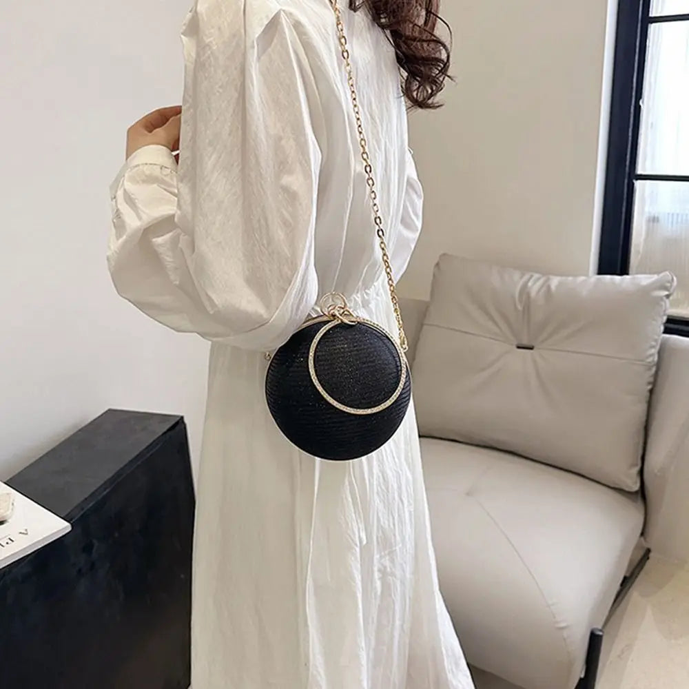 Gold Bright Silk Circular Evening Bag Women Banquet Clutch Rhinestone Decor Chain Shoulder Bags Luxury Female Party Handbags