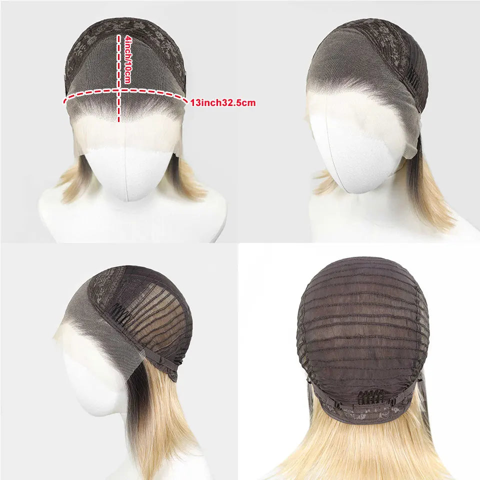Ombre Blonde Highlight Short Bob Wigs Dark Roots Synthetic 13x4 Lace Front Brown Blonde Wig For Women Daily Use 150Density 12"