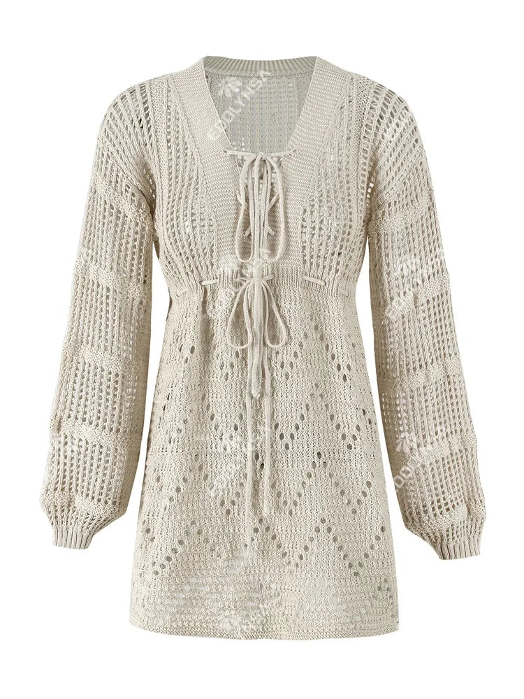 Sexy Deep V-neck Lace-up Bell Sleeve Knit Mesh Hollow Out Beach Mini Dress 2026 Summer Swimsuit Cover Up Women Casual Tunic K14