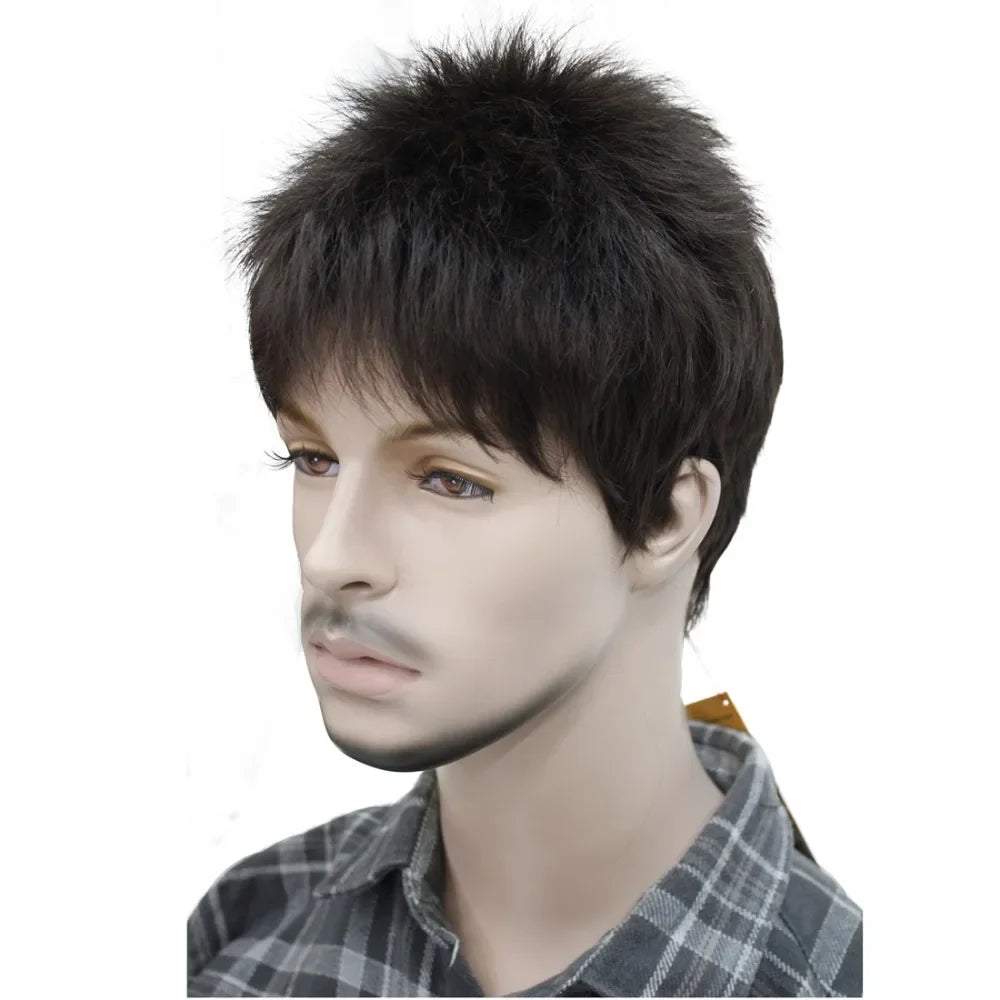 StrongBeauty Men's wig Natural Black/Brown Short Straight Hair Synthetic Full Wigs 7 Color