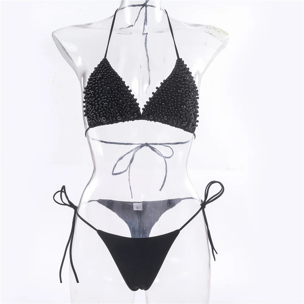 Pearl Bikini String Thong Swimsuit – Y2K Kawaii Two-Piece Swimwear