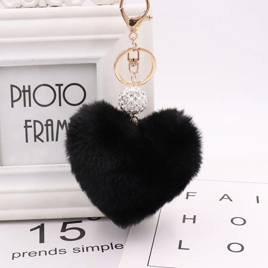 Soft Rabbit Fur Love Zircon Ball Charm Key Chain Jewelry for Women Colorful Love Key Ring Accessories Bags Keychains for Girls