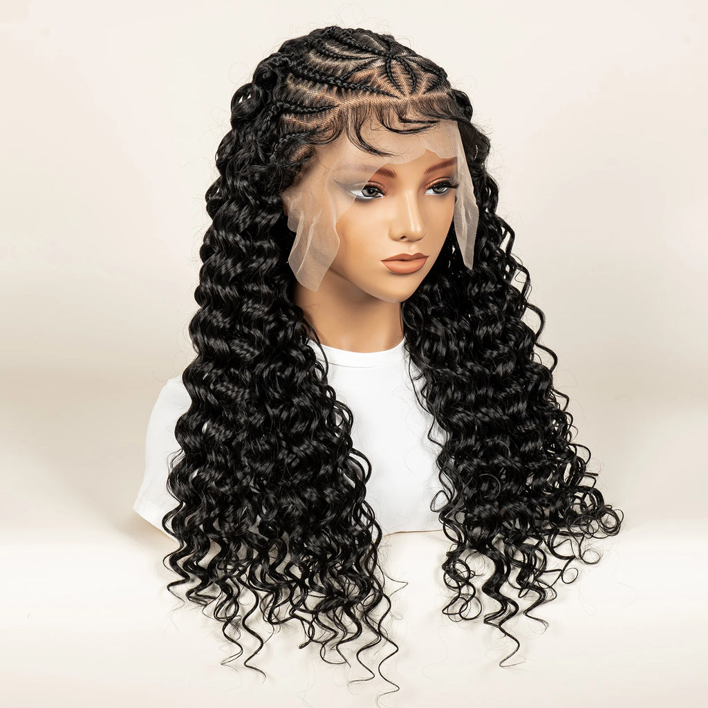 Pre-Styled Deep Wave Braided Wig | Swiss Lace | Baby Hair | Half Cornrow | Women's Braid Wig