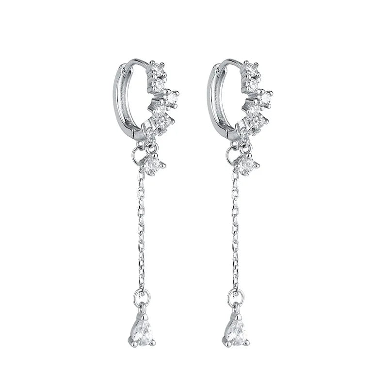 WOMEN 925 Silver Needle Water Drop Geometric Zircon White Zircon Crystal Flowers Pendant Hoop Earrings Fashion Wedding Jewelry
