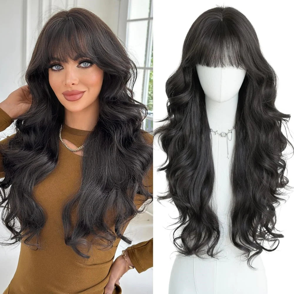Body Wave Wigs with Bangs 3x1 Middle Part Lace Wig Human Hair Pre Plucked Body Wave Real Human Wigs with Bangs for Women 34 Inch