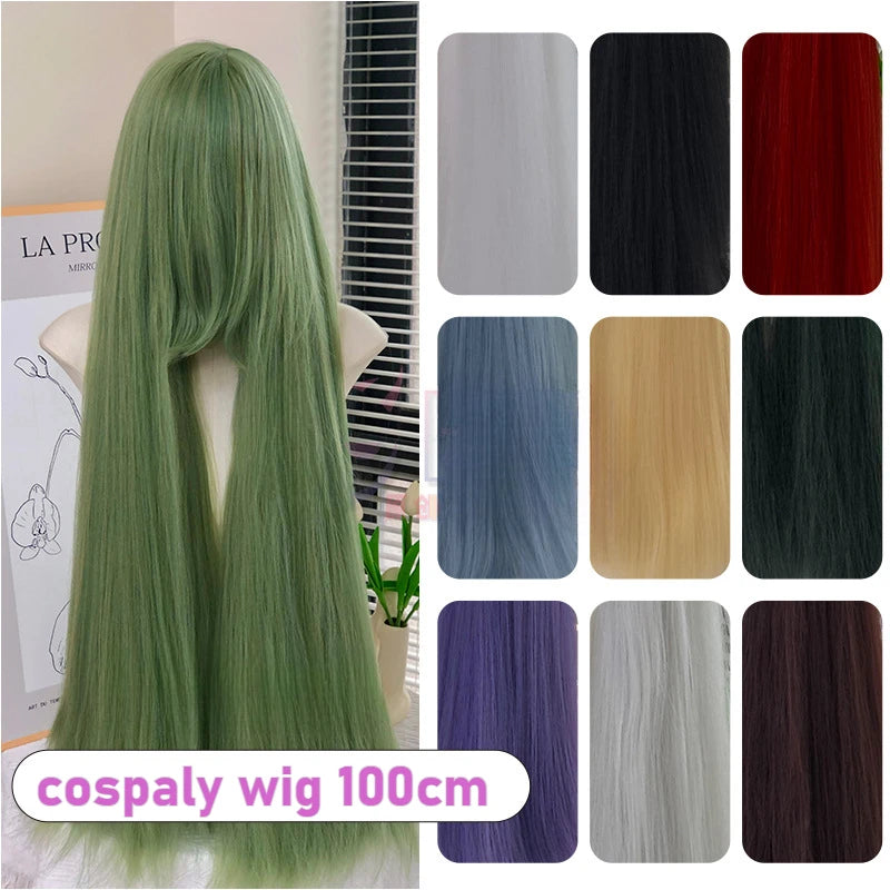 Cosplay Wig 100cm Extra Thick and Long Straight Wig with Bangs Anime Heat Resistant Fiber Christmas Halloween Cosplay Party Wigs