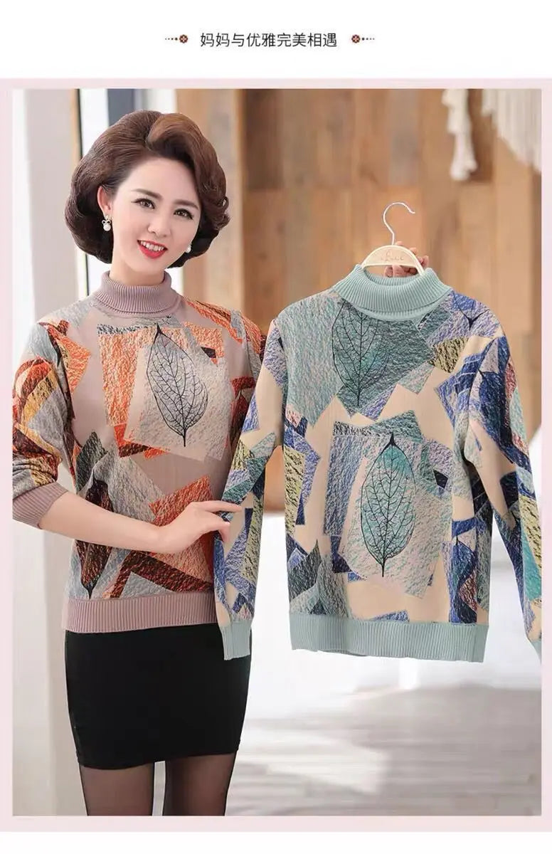 Women's Clothing 2022 Casual Plant Printed T-shirt Autumn Winter Fleece Warm Thick Fashion Knitted Spliced Turtleneck Pullovers