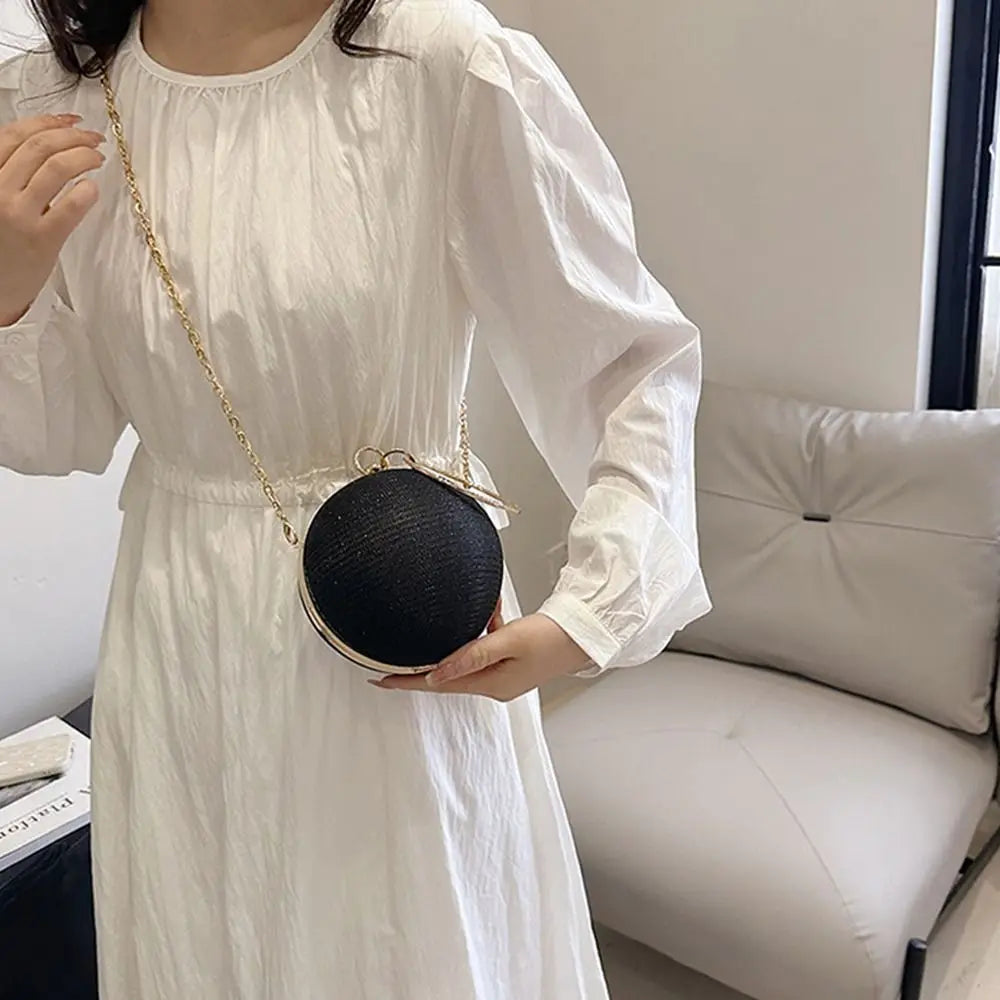 Gold Bright Silk Circular Evening Bag Women Banquet Clutch Rhinestone Decor Chain Shoulder Bags Luxury Female Party Handbags