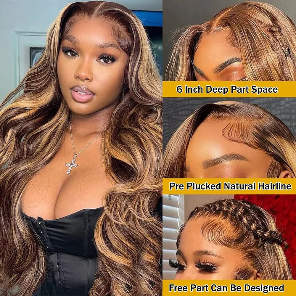 Highlight Body Wave 13x6 Lace Frontal Wig For Women 4/27 Brown Colored 13x4 Transparent Lace Front Human Hair Wig Pre Plucked