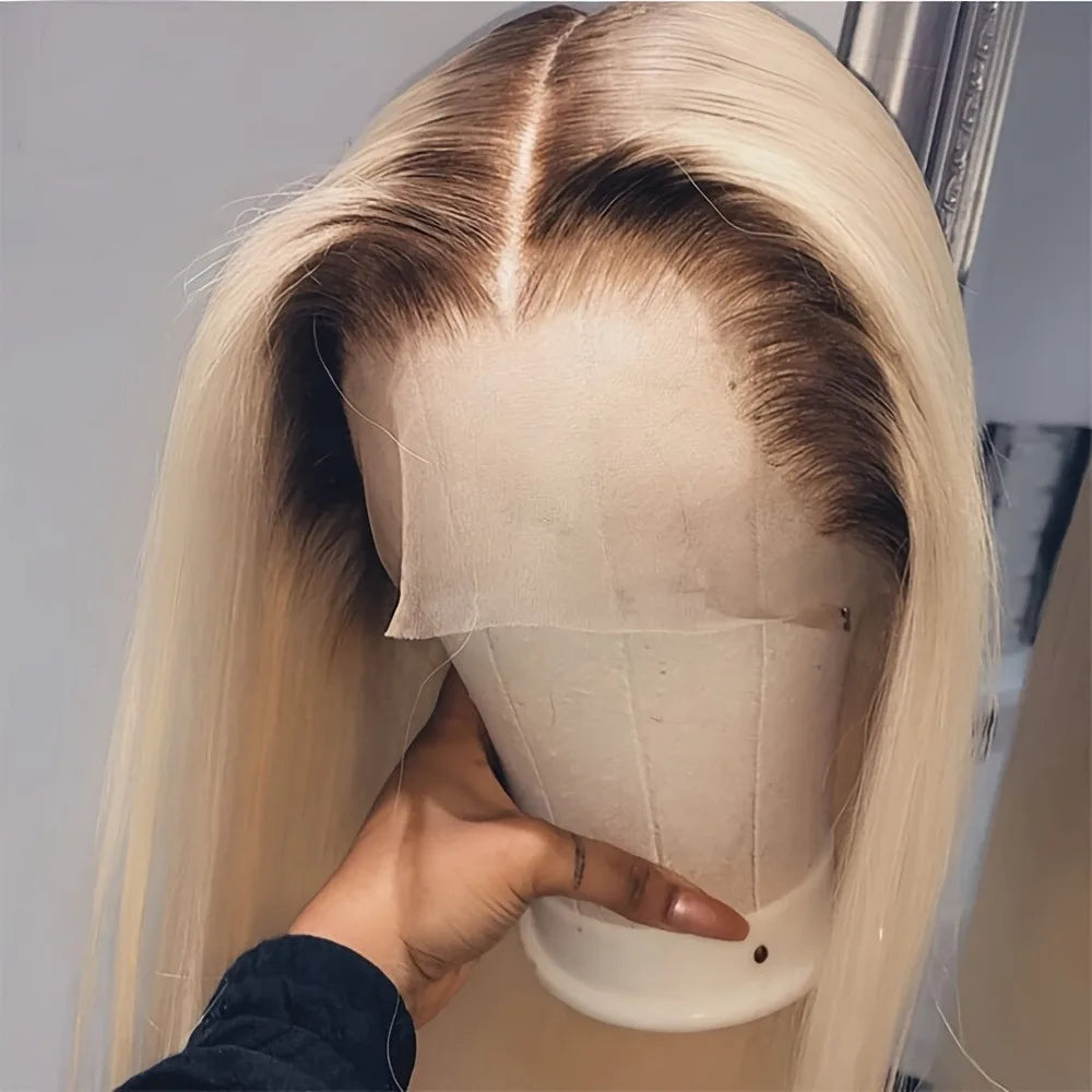 13x4 HD Short Ombre Blonde Wig Straight Bob Lace Front Wig Pre Plucked Synthetic Short Lace Frontal Wig Glueless Daily Cosplay