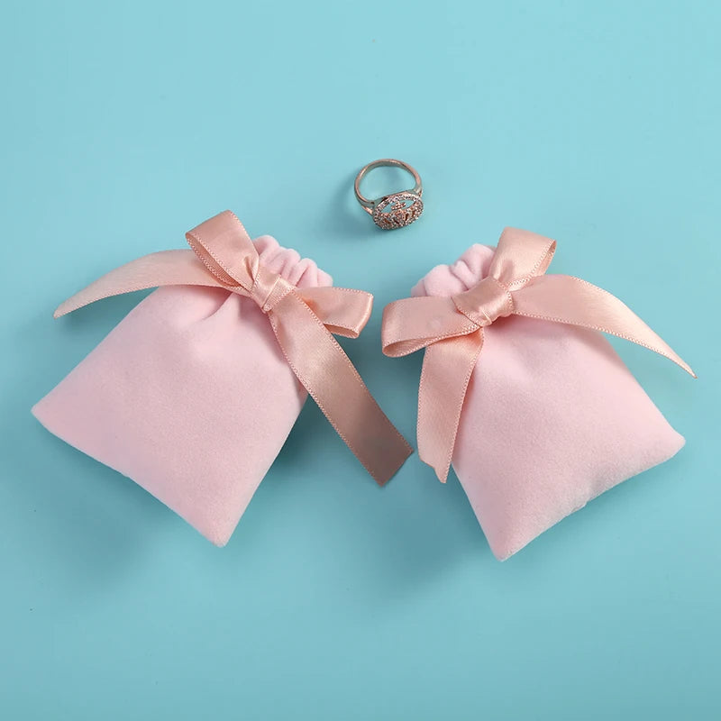 10pcs/lot 7x9cm Pink Velvet Ribbon Bag Drawstring Earrings Rings Necklace Bracelet  Wedding Christmas Gift Storage Pouches