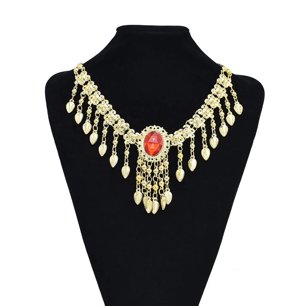 Indian Belly Dance Jewelry Set – Crystal Bell Tassel Necklace, Earrings, Bracelet & Hair Accessories