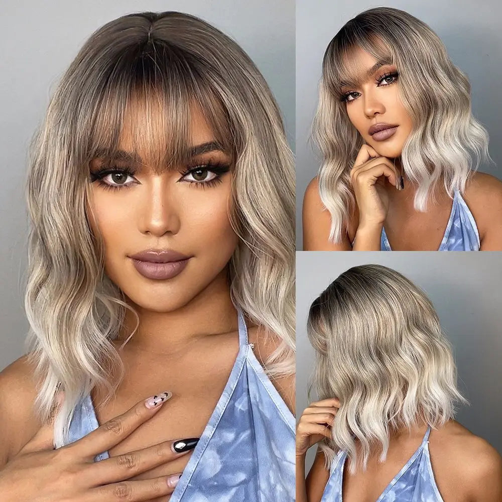 Sky Blue Short Bob Wigs for Women Synthetic Wavy Curly Wigs with Bangs Cosplay Halloween Blue Wig Natural Heat Resistant Hair