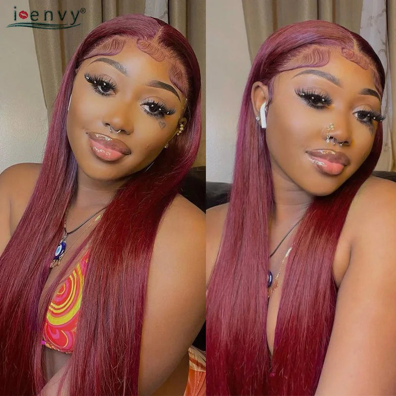 Ginger Blonde Lace Front Wigs Wear & Go 28inch Peruvian 13*1 Part Lace Front Human Hair Wig Remy 180% Colored Lace Wig Burgundy