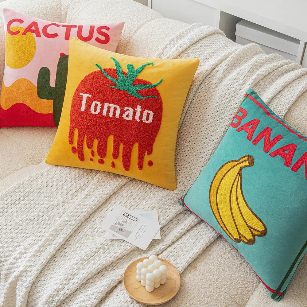 Ins Letter Fruit Embroidered Cushion Cover | 45×45cm Nordic Velvet Pillowcase | Handmade Home Decor