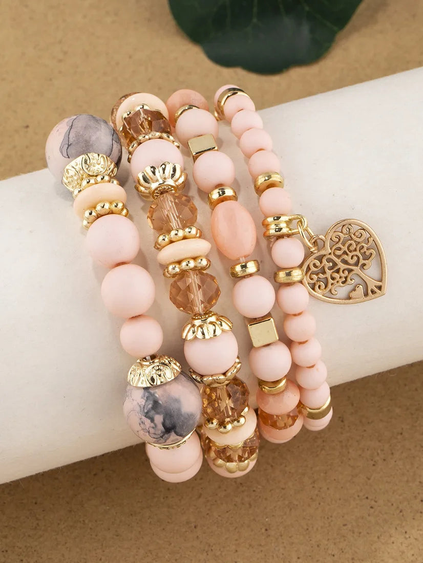 New Acrylic Beads Chain Bracelet Set For Women Tree Of Life Charm Elastic Bangle Female Bohemian Jewelry Accessories