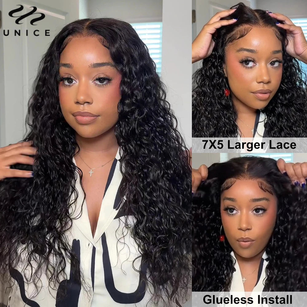 UNice 7x5 & 13x4 Lace Water Wave Human Hair Wig With Drawstring & Baby Hair Pre Cut Pre Bleached Glueless Wig