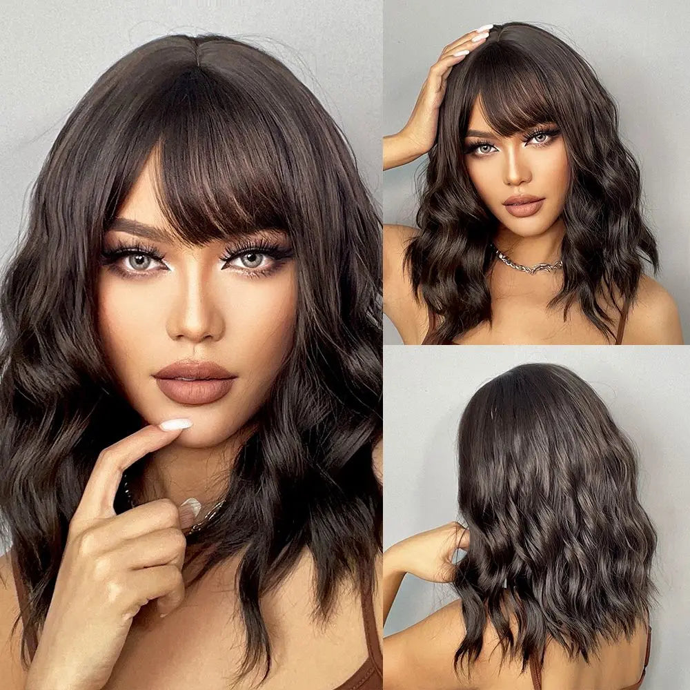 Sky Blue Short Bob Wigs for Women Synthetic Wavy Curly Wigs with Bangs Cosplay Halloween Blue Wig Natural Heat Resistant Hair