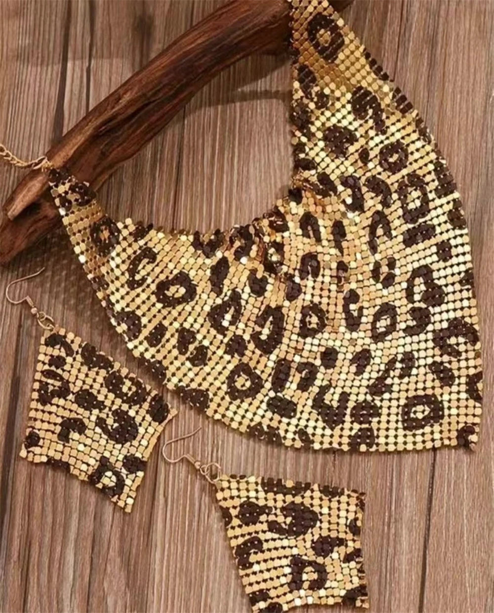 Leopard Print Jewelry Set – Sexy Bib Necklace & Dangle Earrings, Vintage Elegant Design