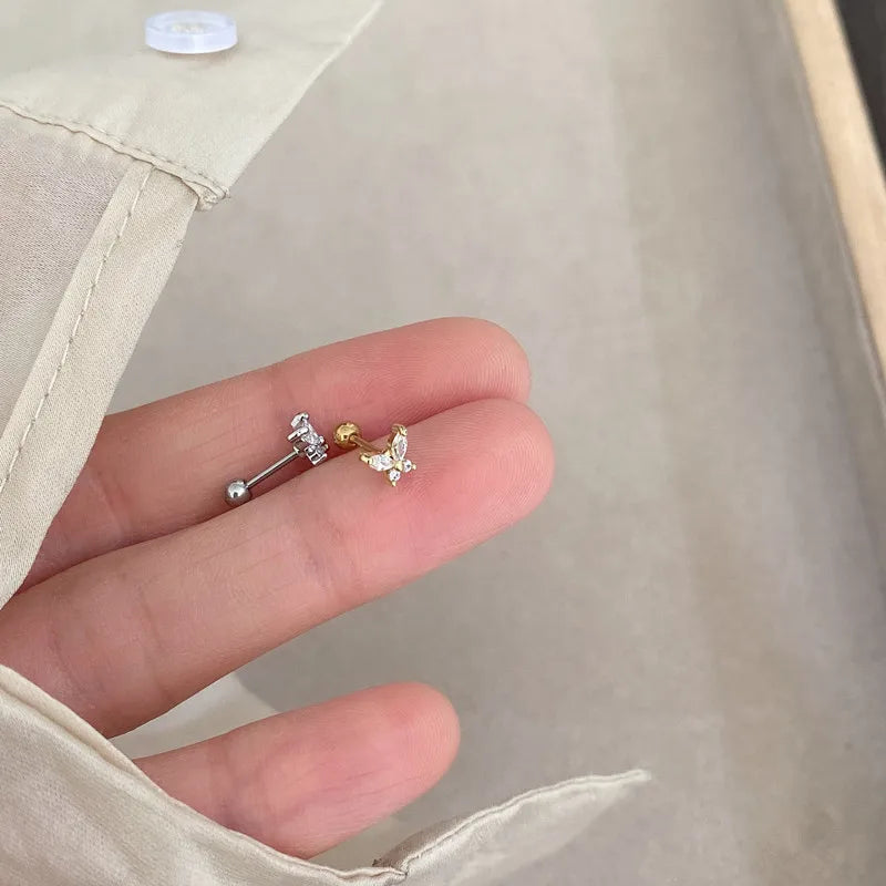 PONYKISS Silver Color Zircon Butterfly Bead Stud Earrings for Women Cute Fashion Jewelry Insect Accessories