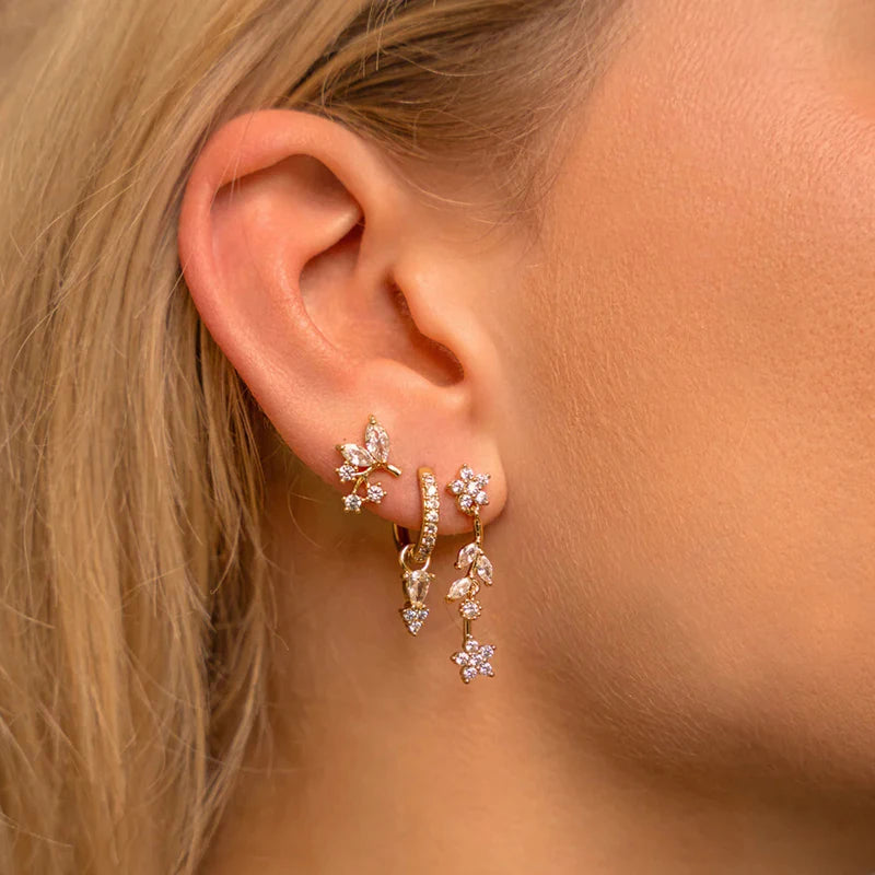 WOMEN 925 Silver Needle Water Drop Geometric Zircon White Zircon Crystal Flowers Pendant Hoop Earrings Fashion Wedding Jewelry