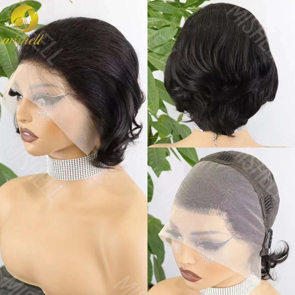 13x4 Lace Frontal Bob Wigs Pixie Cut Brazilian Remy Human Hair Short Bob Wig Natural 200% Density Wavy Lace Wigs for Black Women