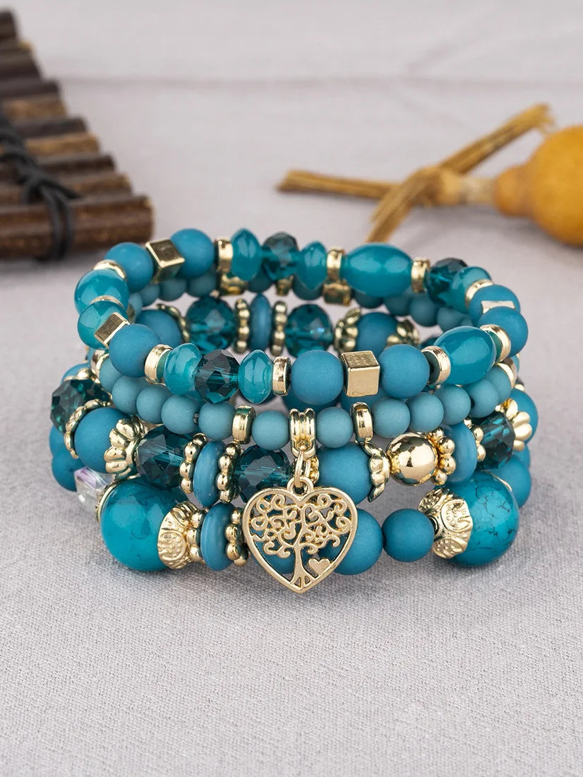 New Acrylic Beads Chain Bracelet Set For Women Tree Of Life Charm Elastic Bangle Female Bohemian Jewelry Accessories