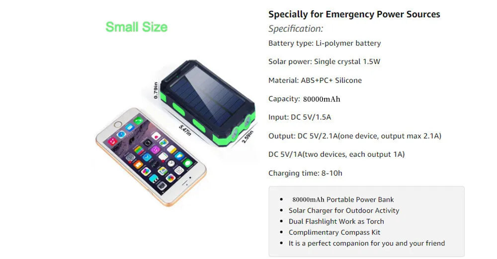 Solar Power Bank – 80000mAh Portable Charger with Strong LED Light for All Smartphones