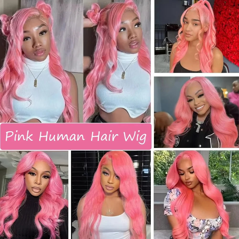 13x6 Pink Body Wave Lace Front Wigs For Women Long Wavy Hair Wig Soft Lace Wig With Natural Hairline Human Hair Party Cosplay