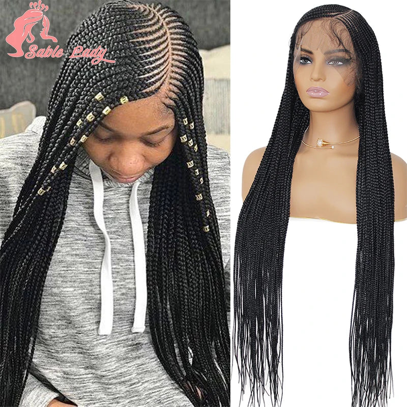 36" Full Lace Cornrow Braided Wigs Synthetic Burgundy Red Knotless Box Braids Wig Godness Side Part Braided Wigs for Black Women