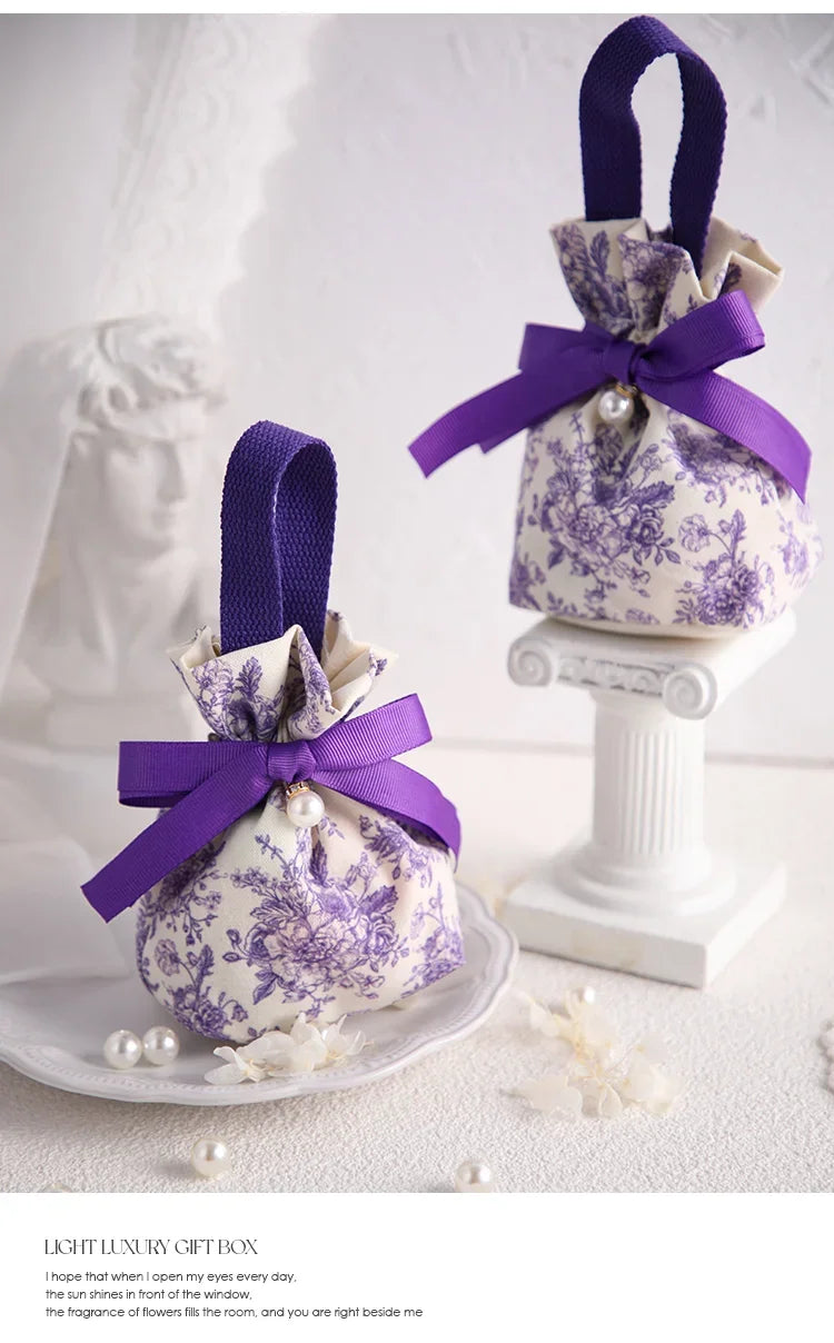 5/10pcs Portable Drawstring Handheld Canvas Candy Bags with Floral Pattern & Ribbon Bow Soft Reusable Wedding Gift Packing Bags