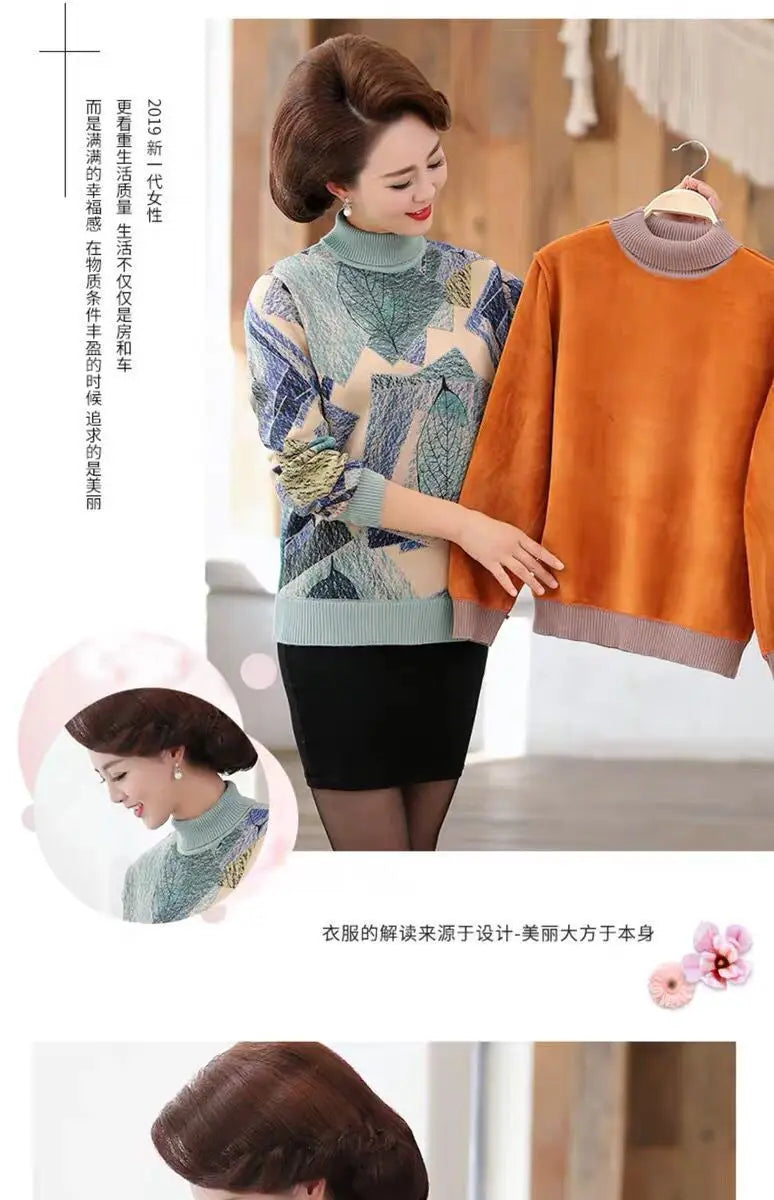 Women's Clothing 2022 Casual Plant Printed T-shirt Autumn Winter Fleece Warm Thick Fashion Knitted Spliced Turtleneck Pullovers