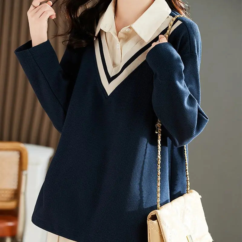 Women's Clothing 2022 Solid Loose T-Shirts Turn-down Collar Button Patchwork Autumn Winter Thin Preppy Style Casual Comfortable