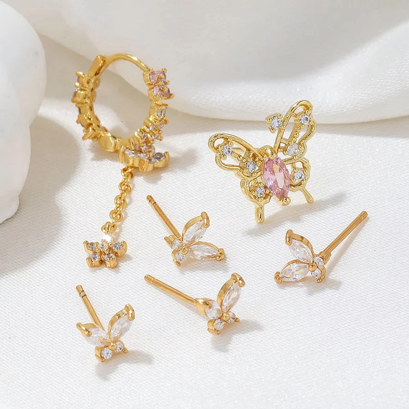 WOMEN 925 Silver Needle Water Drop Geometric Zircon White Zircon Crystal Flowers Pendant Hoop Earrings Fashion Wedding Jewelry