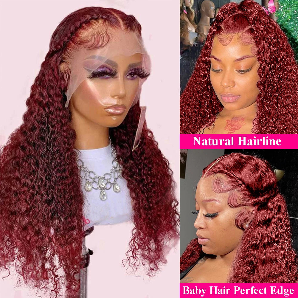 99J Burgundy Deep Wave Human Hair Wig – 13x4 HD Lace Frontal Wig Pre Plucked Brazilian