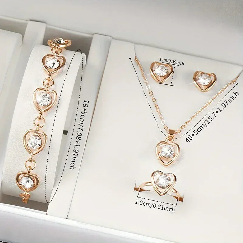 Gold Heart Shaped Jewelry Set – 5-Piece Rhinestone Double Heart Ring, Earrings & Necklace for Women