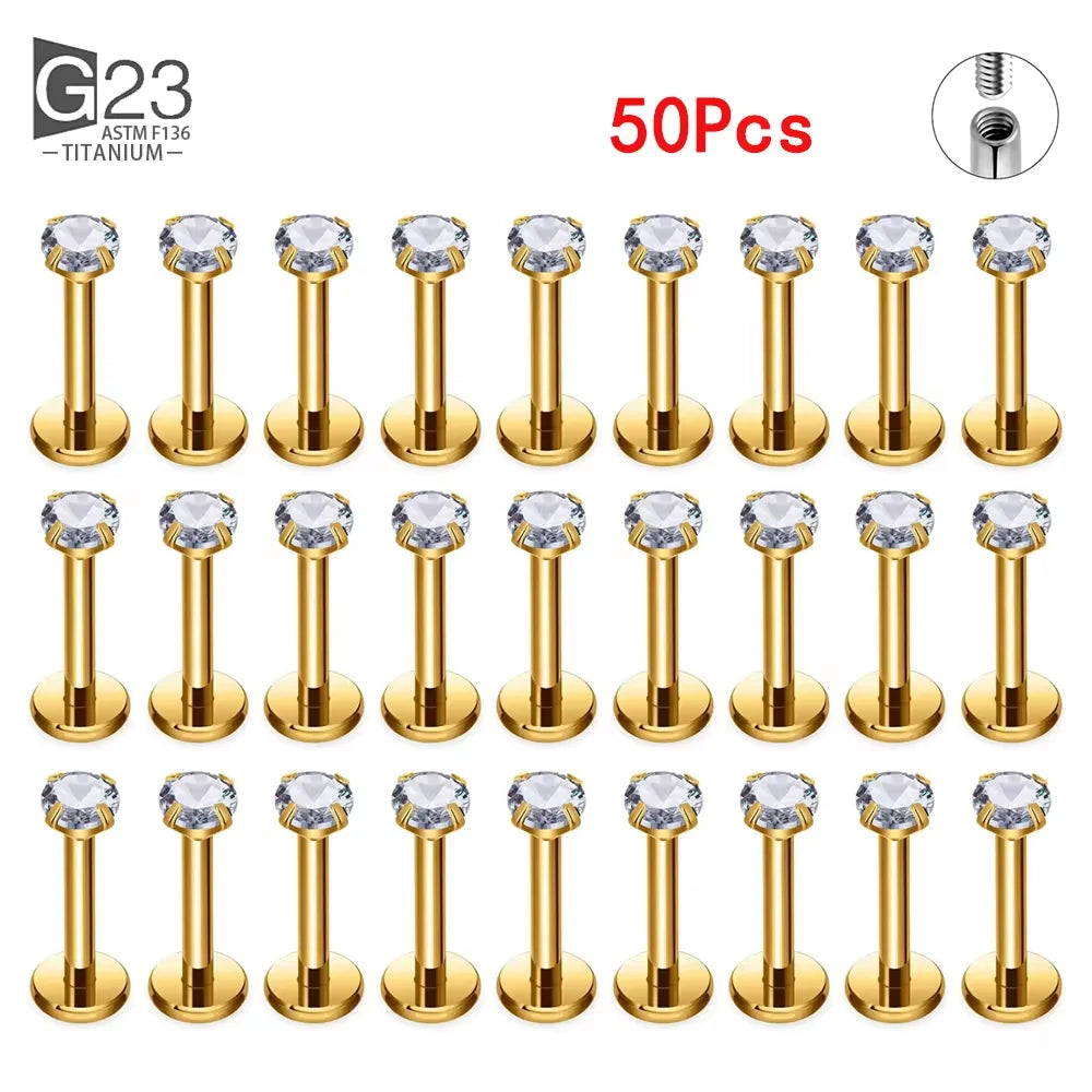 10Pc/50Pc G23 Ttianium Labret Ear Lip Stud Jewelry Square CZ Stone Cartilage Tragus Earring Tongue studs Threaded Body Jewelry