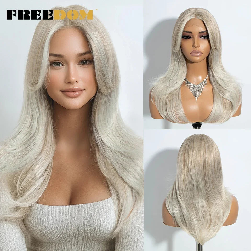 FREEDOM Straight Synthetic Lace Front Wigs For Black Women Ombre Blonde Brown Lace Wig 20 Inch Wig With Bangs Cosplay Lace Wig