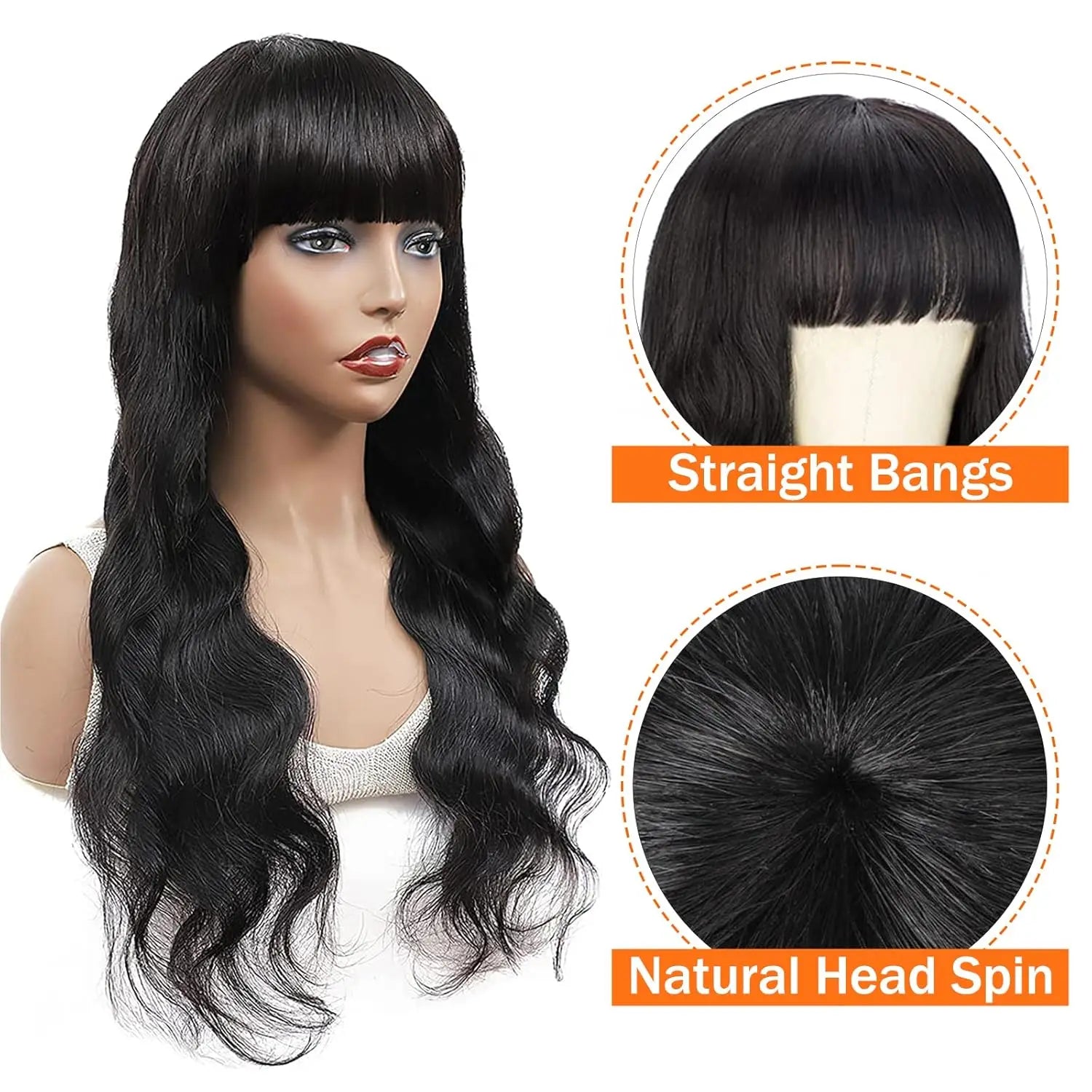 Human Hair Wigs with Bangs 36 Inches Full Machine Made Hair Glueless Wig With Drawstring Body Wave Glueless Wig Human Hair