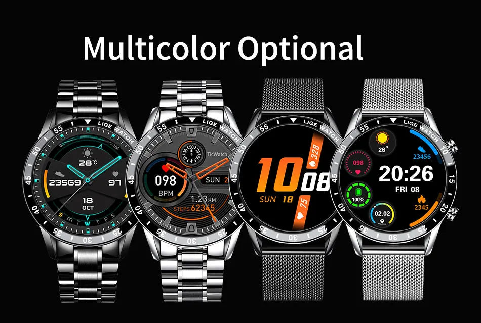 LIGE Men's Bluetooth Smartwatch – Full Touch Steel Sports Watch, IP67 Waterproof