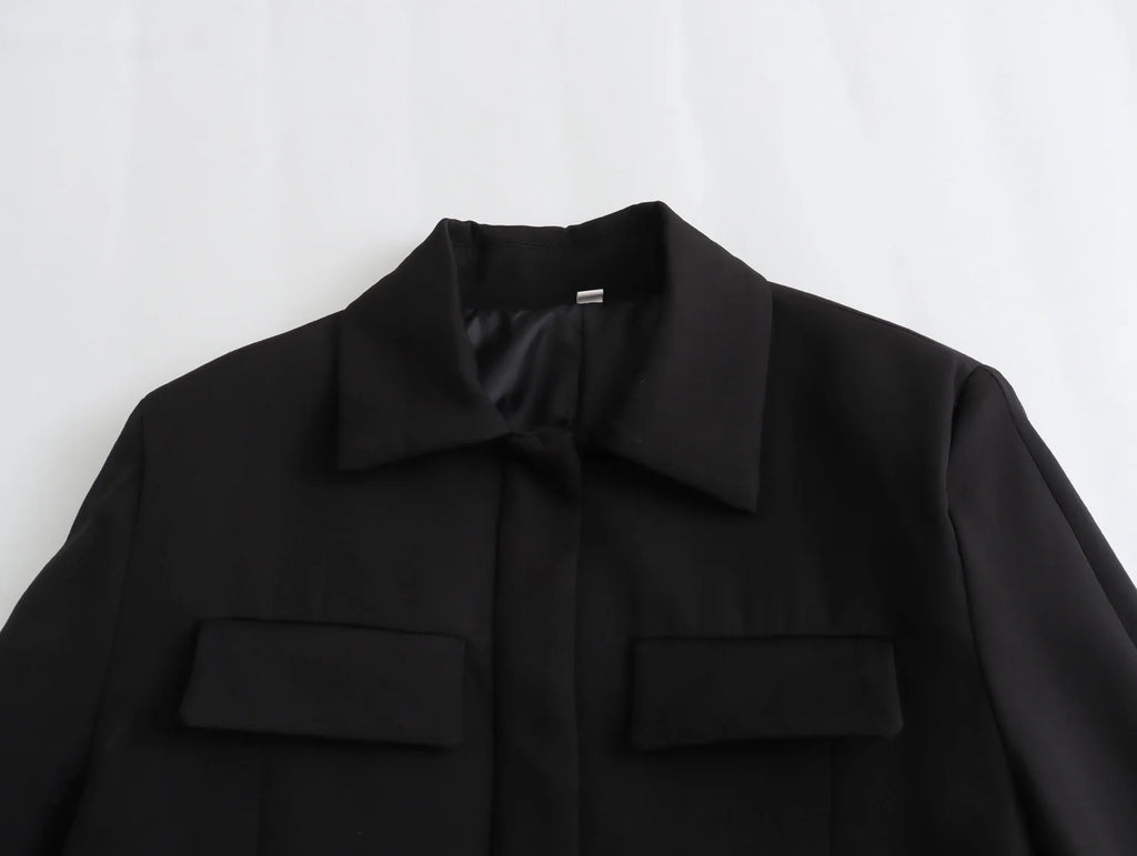 Women's Solid Office Jacket – Long Sleeve Button Coat with Pockets