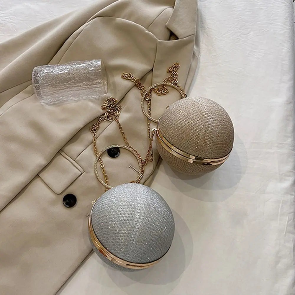Gold Bright Silk Circular Evening Bag Women Banquet Clutch Rhinestone Decor Chain Shoulder Bags Luxury Female Party Handbags