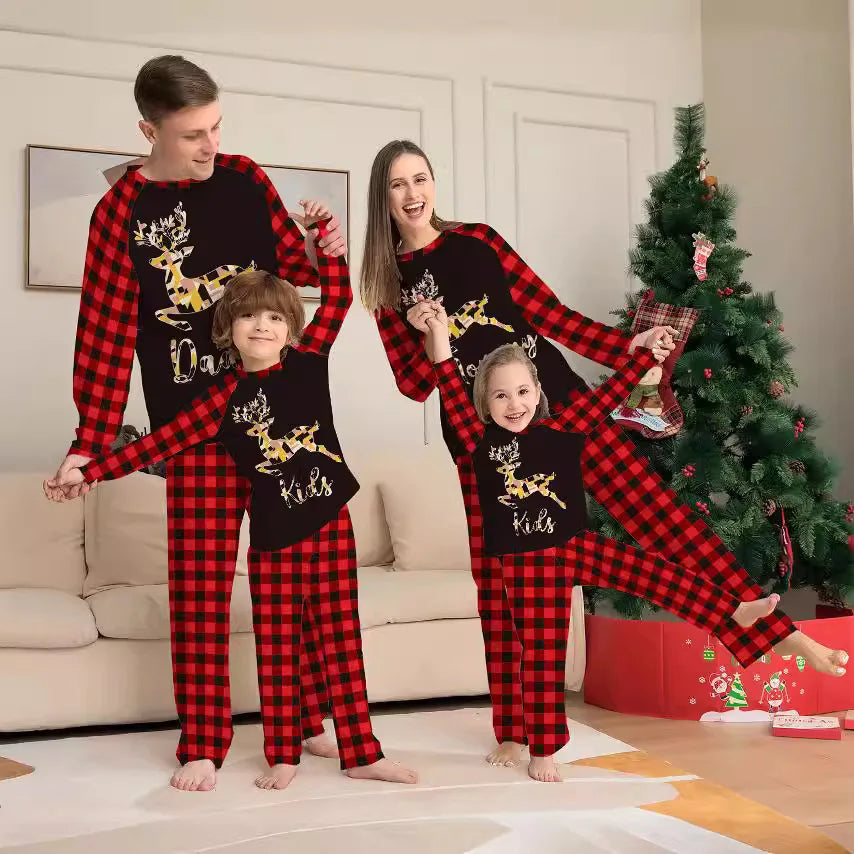 2025 Festive Christmas Reindeer Family Pajamas, Plaid Matching Sleepwear Set, Long Sleeve Outfit for Christmas Family Pajamas