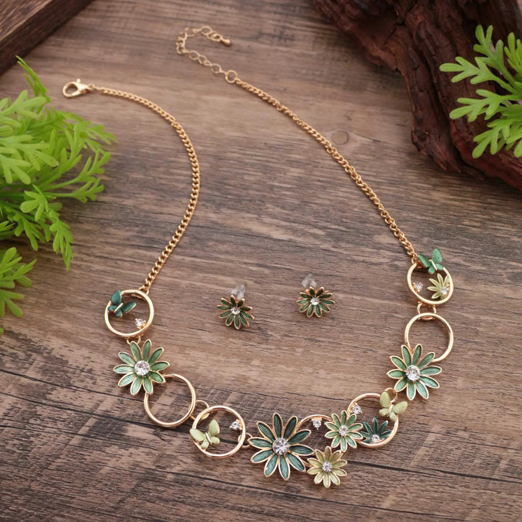 Enamel Daisy Stud Earrings & Necklace Set – Diamond Flower High-End Women's Jewelry