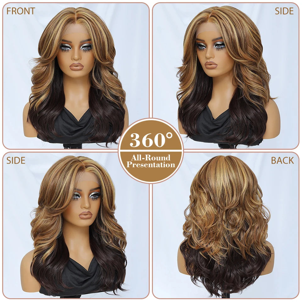 Ombre Brown Blonde Synthetic Body Wave Lace Front Wig 13x5x1 For Black Women 18“ T Part Wavy Layered Cosplay Wig with Baby Hair