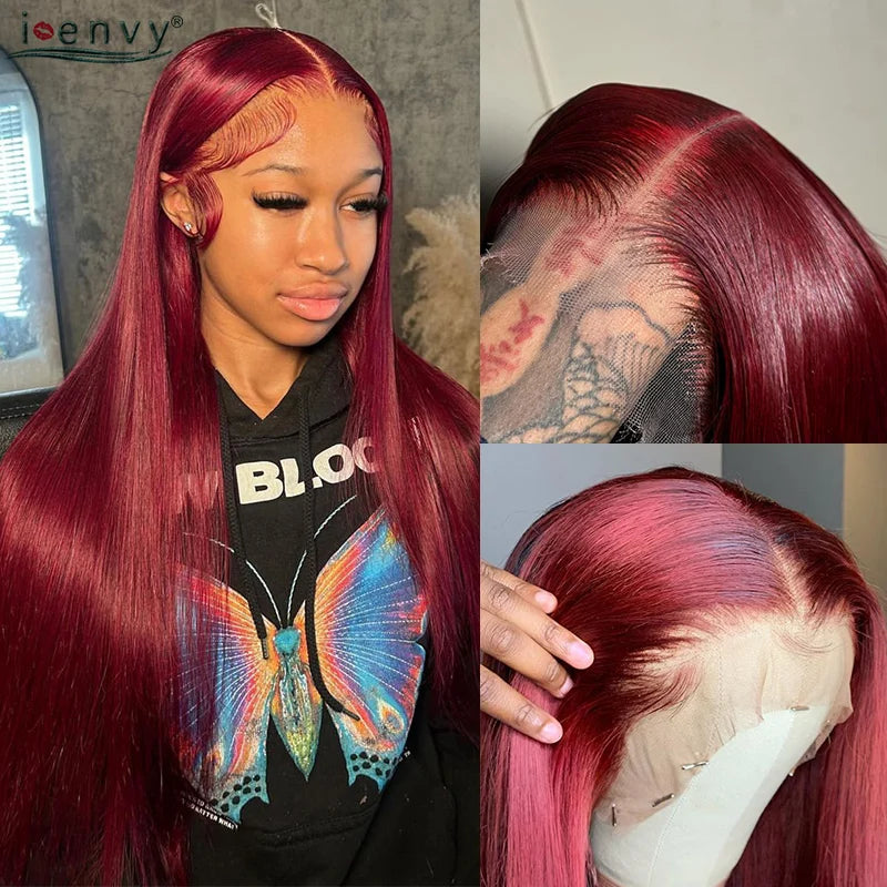Ginger Blonde Lace Front Wigs Wear & Go 28inch Peruvian 13*1 Part Lace Front Human Hair Wig Remy 180% Colored Lace Wig Burgundy