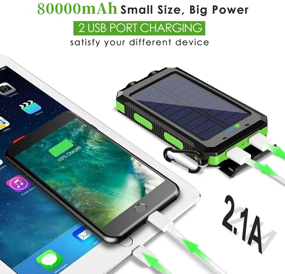 Solar Power Bank – 80000mAh Portable Charger with Strong LED Light for All Smartphones